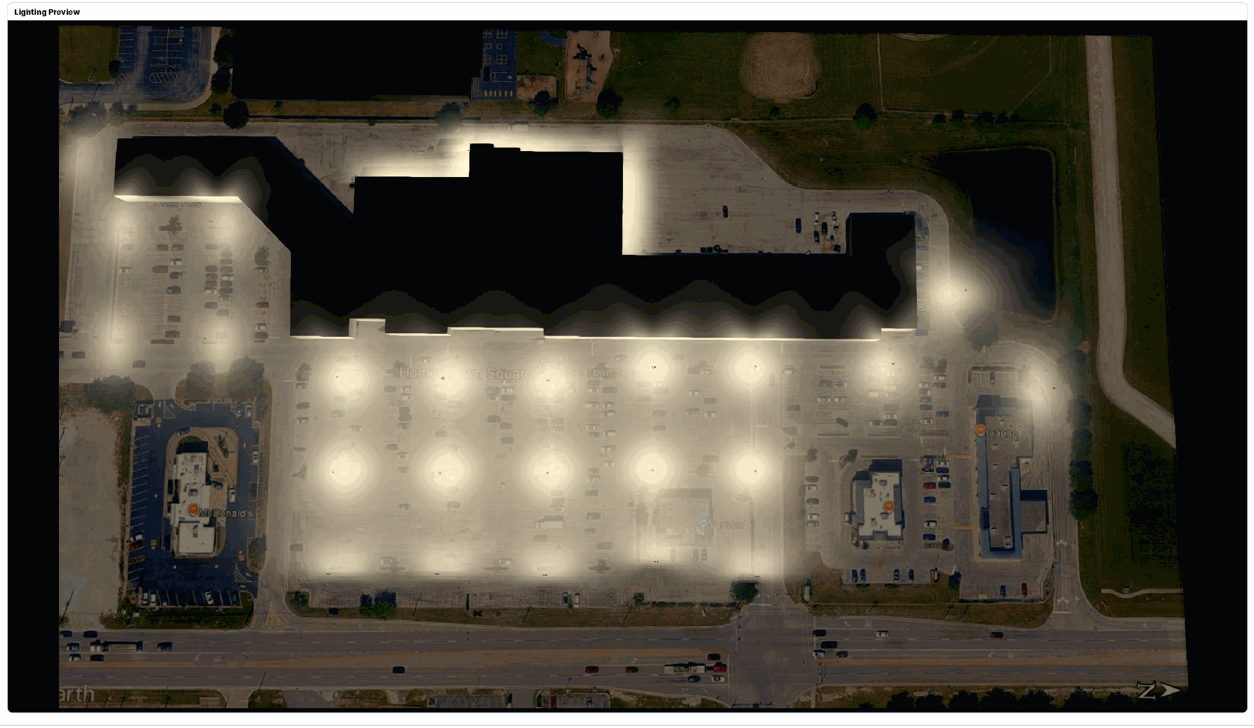 Revised simulated parking lot lighting render over the aerial site background with original map labels retained