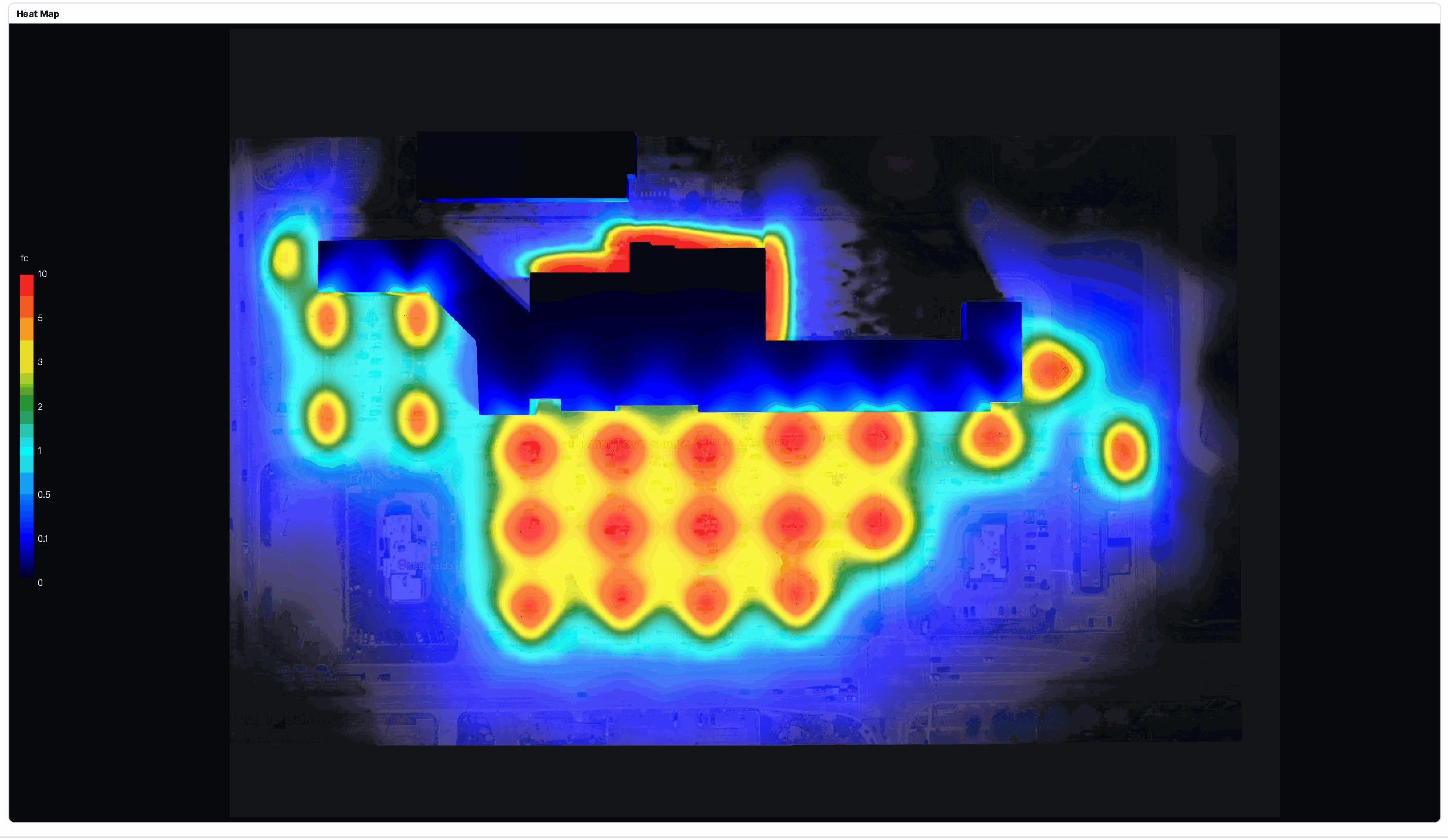 Original parking lot false-color lighting heatmap with a foot-candle legend from zero to ten and original map labels retained