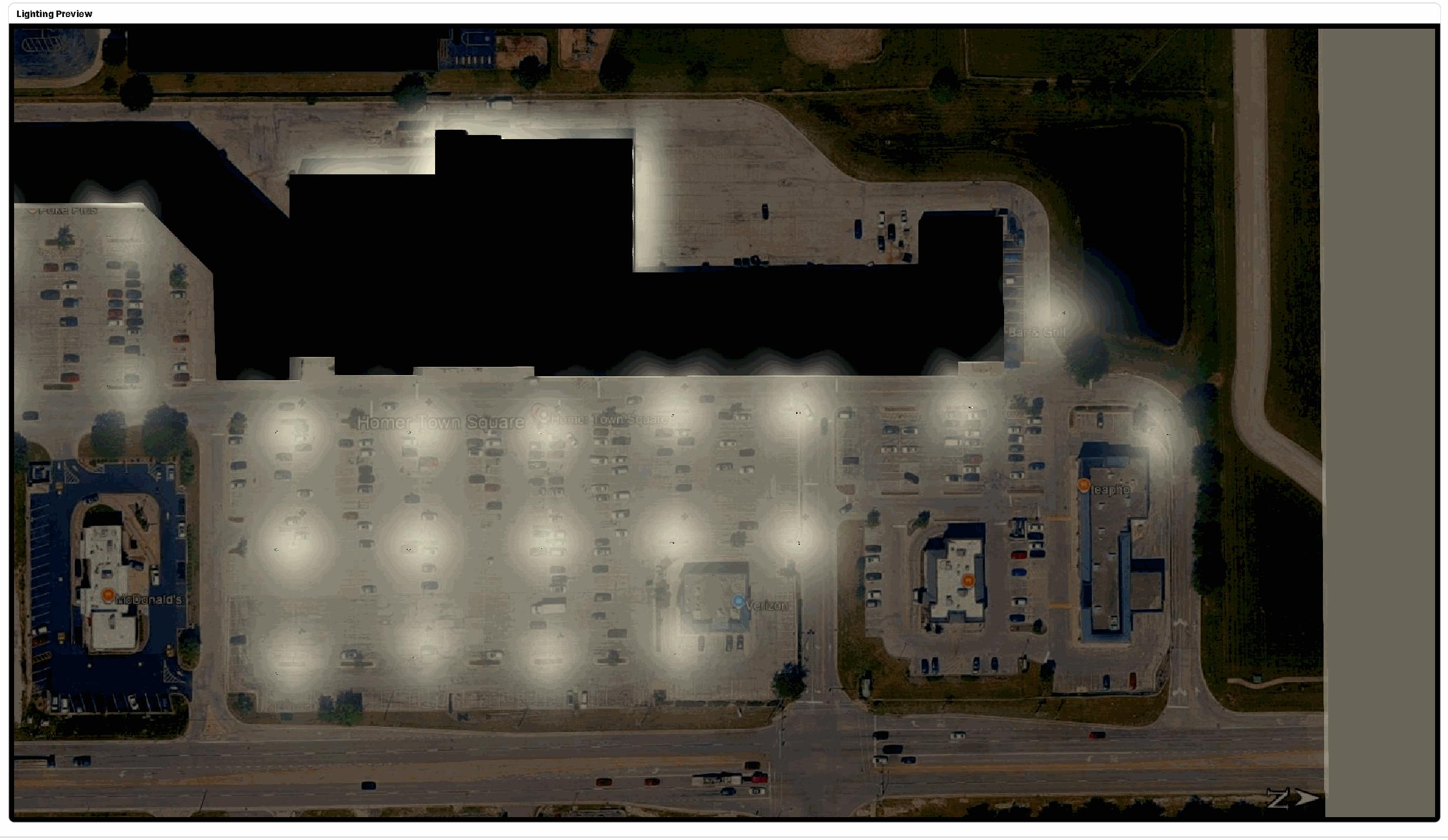 Original simulated parking lot lighting render over the aerial site background with original map labels retained